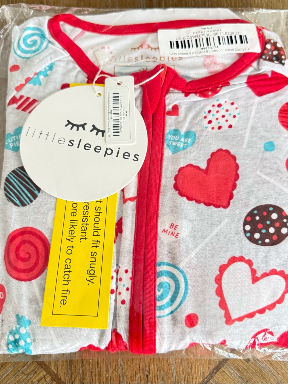 Little Sleepies Red, White & Teal Heart and Candy Sleep Zipper VALENTINES DAY